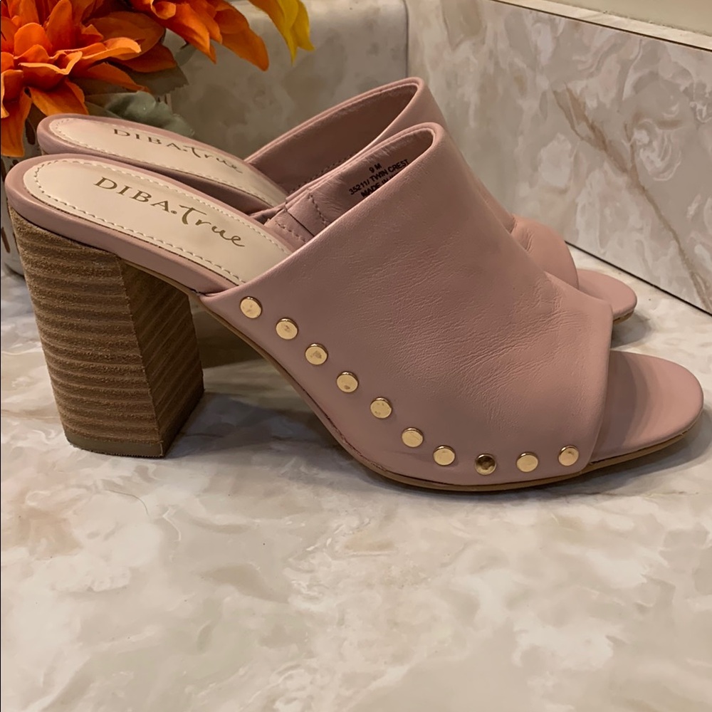 DIBA WOMENS TRUE TWIN CREST Pink & Gold Mules with Chunky Heel and Stud Accents